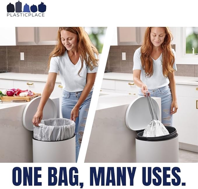 Plasticplace Custom Fit Trash Bags Compatible with Simplehuman Code J - 10-10.5 Gallon Drawstring Garbage Bags, Tear-Resistant, 200 Count White Trash Can Liners for Kitchens, Bathrooms & Offices