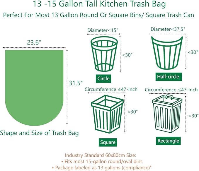 Biodegradable Large Trash Bags 13+ Gallon Tall Kitchen Gecyclable Waste Bags, Heavy Duty 1.18 Mil & Leakproof, 50 Liter Bin Liners for Lawn Yard,Home,Office (60 Count) Green