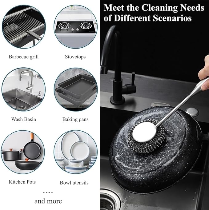 6Pcs Steel Wool Scrubber with Long Handle - Stainless Steel Scrub Brush Set for Scouring Stubborn Messes from Cast Iron, Pots & Pans, BBQ Grill, Sink (1 Scrubber + 4 Pads + 1 Screwdriver)