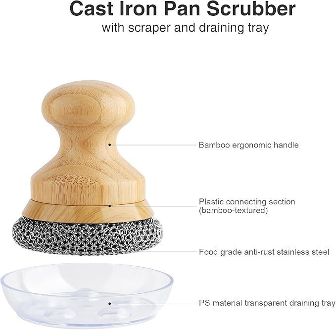 Cast Iron Scrubber and Scraper,Chain Mail Cleaner with Bamboo Handle & Draining Tray,316 Stainless Steel Brush for Cleaning Pots,Pans,Wok,Bakeware,Griddles, Grills(Small Chainmail,2pcs)