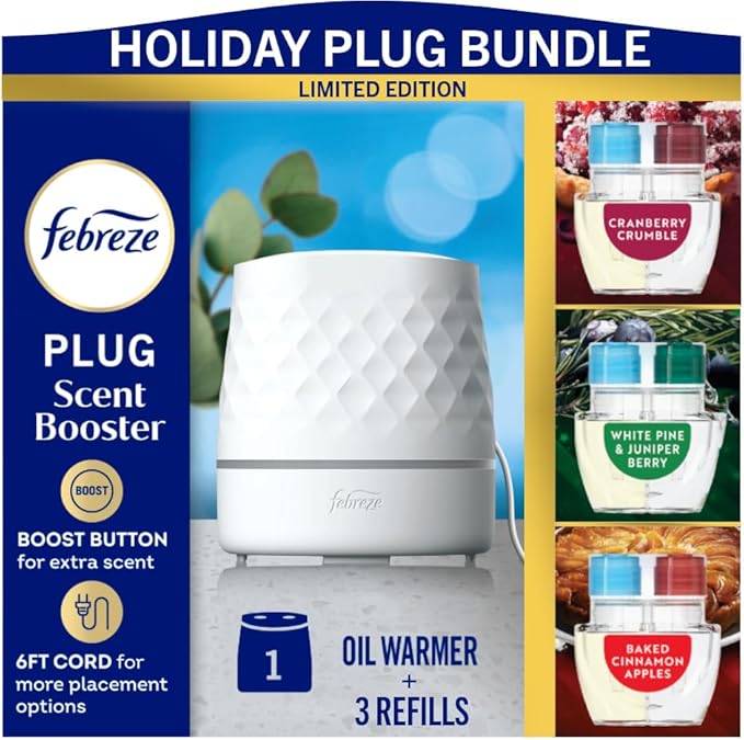 Febreze Plug Scent Booster Continuous Scent Device Oil Diffuser + Compatible Plug in Air Freshener, Odor-Fighting Scented Oil Refills, Holiday Mix
