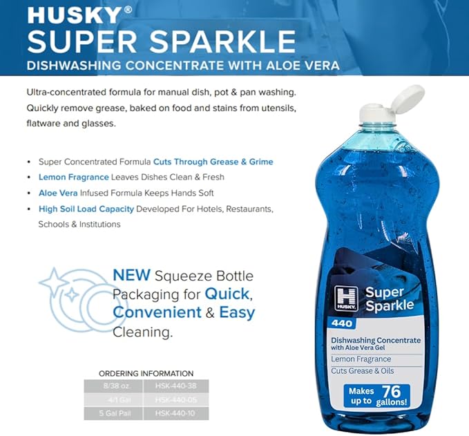 Husky 440 Super Sparkle Dish Soap Liquid | Ultra-Concentrate Dishwashing Liquid for Manual Dish, Pot & Pan Cleaning | Removes Grease, Baked-on Food & Stains from Utensils, Flatware & Glassware