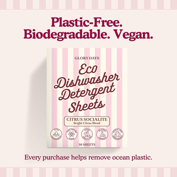 Glory Days Dishwasher Sheets – Citrus Socialite | Eco Friendly, Clean Dishwasher Detergent | Dual Enzyme, Plastic-Free, Vegan | 30 Count