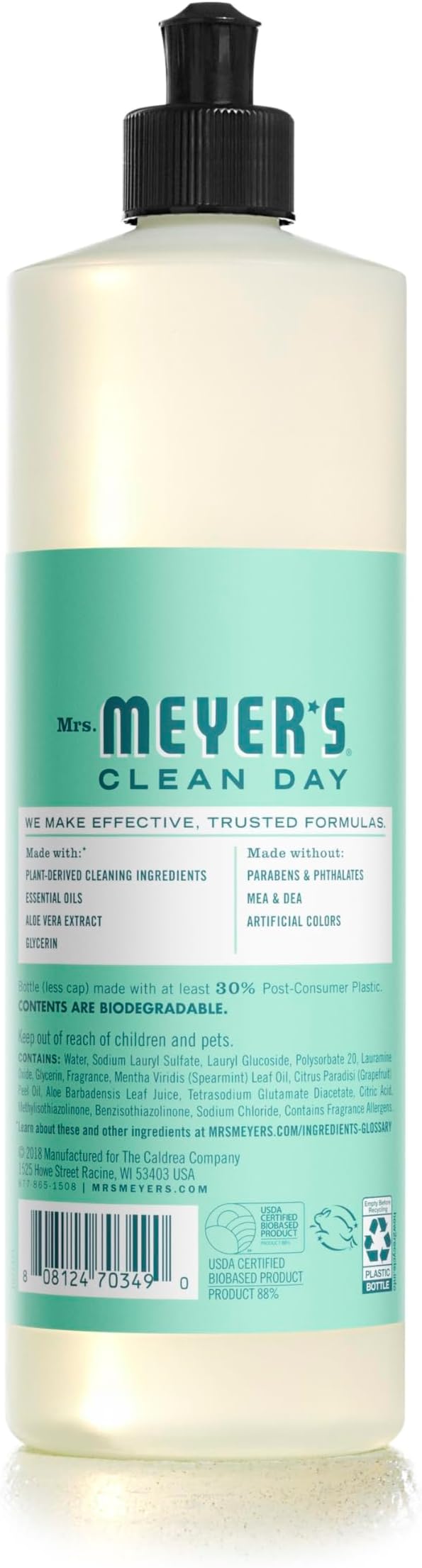 MRS. MEYER'S CLEAN DAY Liquid Dish Soap, Biodegradable Formula, Limited Edition Mint, 16 fl. oz - Pack of 6