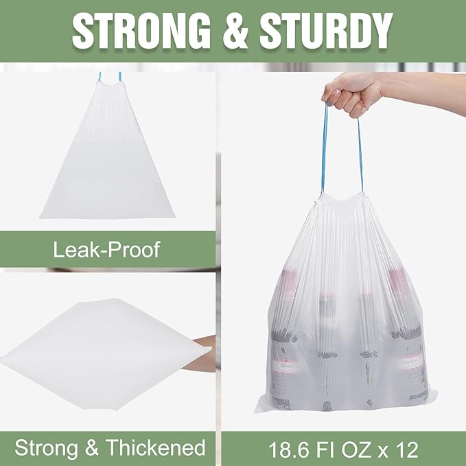 Small Trash Bags 4 Gallon- 200 Count Drawstring Small Garbage Bags Strong & Unscented, White Bathroom Trash Can Liners for Home Office Bedroom Kitchen