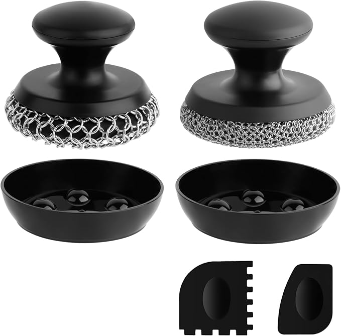 2PCS Cast Iron Scrubber Cleaner, Chainmail Scrubber for Cast Iron Pan Skillet, Dish Scouring Pad, 316 Stainless Steel Brush/Scraper for Metal Skillet Scrubbing, Wok, Dutch Oven Cleaning - Thick+Thin