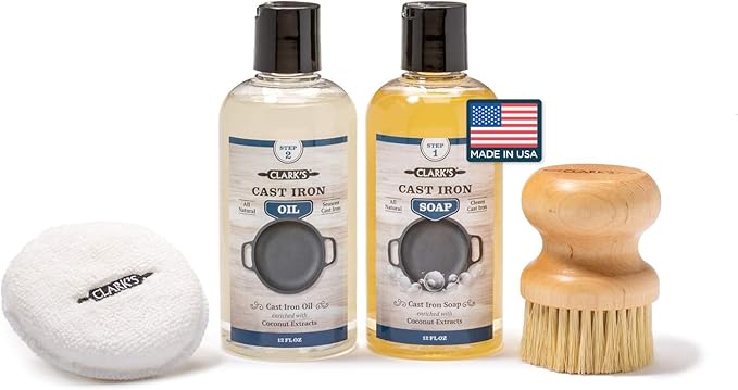 CLARK'S Cast Iron Cleaning Kit with Coconut Oil – Cast Iron Cleaner Set with Seasoning Oil, Soap, Scrub Brush, and Applicator Pad – Restore and Preserve Pan, Skillet, Grill, Dutch Oven, and Wok