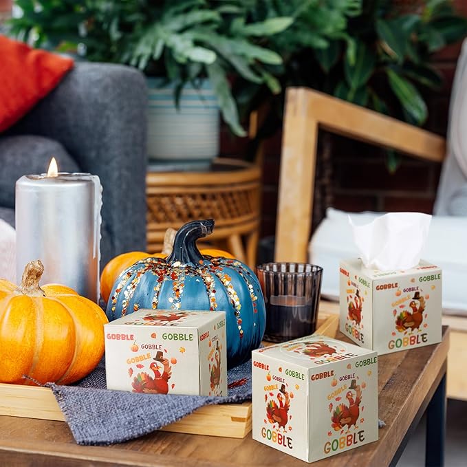 Yeaqee 6 Pack Thanksgiving Turkey Facial Tissue Cube Boxes 480 Sheets Fall Gobble Turkey Paper Facial Tissues Cube Box for Thanksgiving Fall Autumn Harvest Home Bathroom Kitchen Car Office