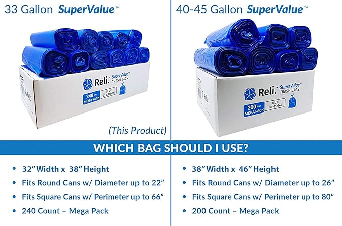 Reli. SuperValue 33 Gallon Recycling Bags (240 Count, Bulk) Made in the USA - Blue Trash Bags, 30-33 Gallon | Blue Recycling, Garbage | 33Gal with 30Gal, 33Gal, 35Gal Capacity