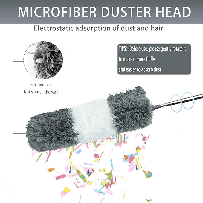 4 Pcs Microfiber Cobweb Duster with 100" Extension Pole,Bendable Ceiling Fan Duster Kit with 3 Duster Heads,Washable Reusable Dusting Pole for High Ceiling and Walls Furniture Home