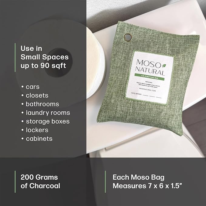 Moso Natural Air Purifying Bag 200g (5 Pack). A Scent Free Odor Eliminator for Cars, Closets, Bathrooms, Pet Areas. Premium Moso Bamboo Charcoal Odor Absorber. Two Year Lifespan! (Green)