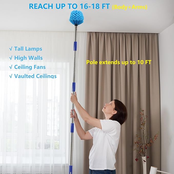 Cobweb Duster with Extension Pole, 10 FT Stainless Steel Pole with Spider Web Brush Head Ceiling Fan Duster for Outdoor Indoor Cleaning