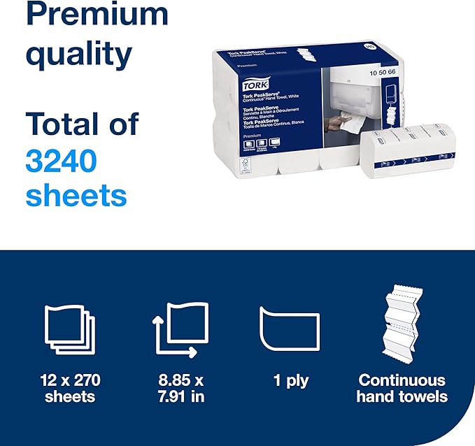 Tork PeakServe Continuous Paper Hand Towels White H5, Premium, Compressed, 12 x 270 sheets, 105066