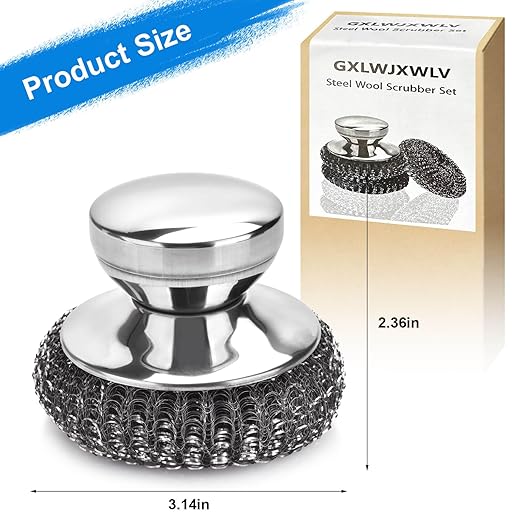 5PCS Stainless Steel Scrubber Pads, Steel Wool Scrubber Set with 2Pcs Handle, Stainless Scrubber for Cleaning Kitchen and Household, Dishes, Stoves, Grill, Wash Sink, Pots