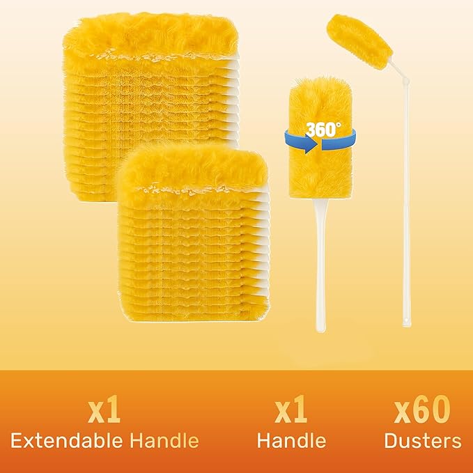 Heavy Duty Duster Refills 30 Pack, 360° Multi Surface Feather Dusters Kit with Extendable 3FT Handle, Disposable Microfiber Dusters for Cleaning Furniture, Blinds, Ceiling Fan & Car