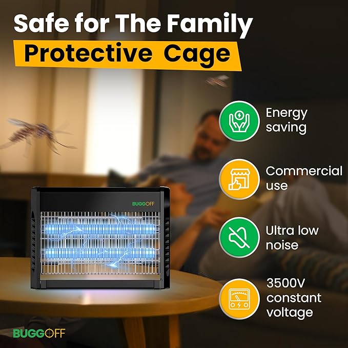 Black Modern Indoor Electric Bug Zapper, 2000 SQFT Coverage, 3500 Volts of Stunning Power, 40 Watts, Kills Mosquitos Gnats, Flys & More. 10 Year Warranty, X2 Free Repalcment Bulb (4 Pack)