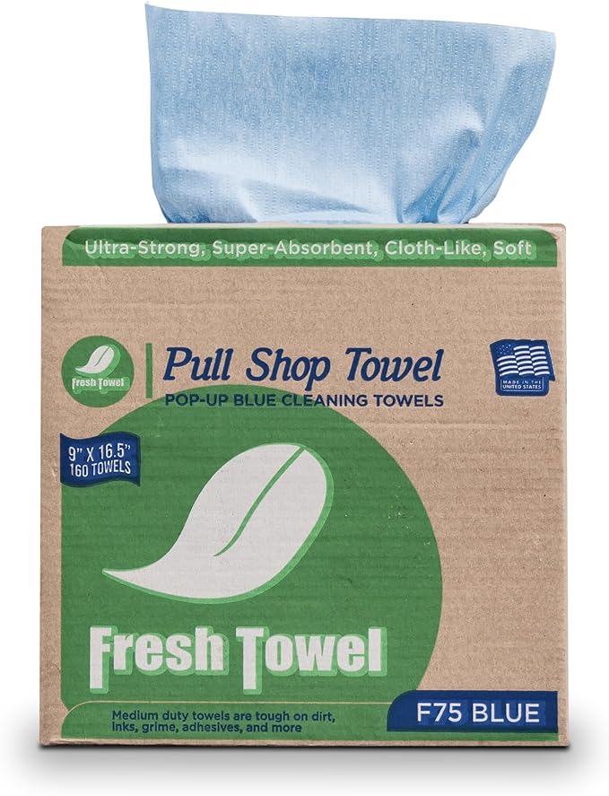 Fresh Towel Pop Up Box of Medium Duty Cleaning Cloths - Disposable Blue Shop Towels, (1 Pop Up Box of 160 Sheets) - 9 x 16.5 inches Cloth Size