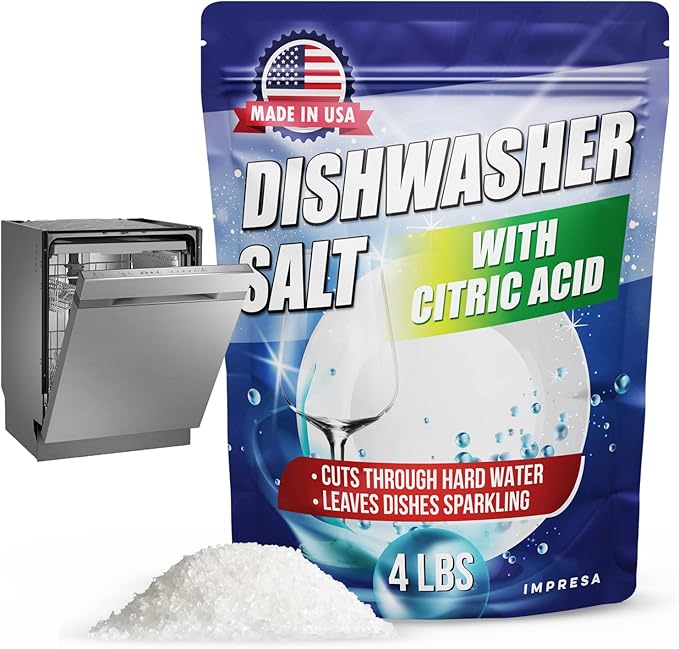 IMPRESA Dishwasher Rinse Aid Salt - 4 Lb - Citric Acid Cleaner & Descaler - Hard Water Stain Remover & Detergent Booster