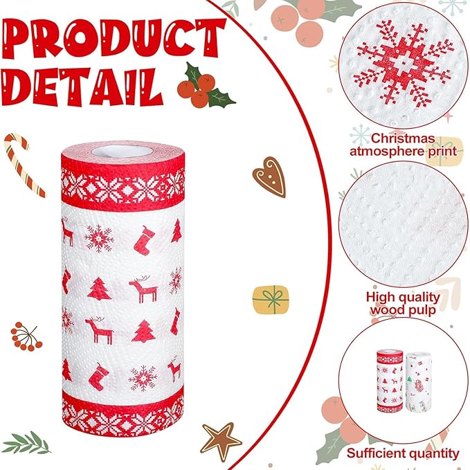 Christmas Kitchen Paper Towels:Disposable Cleaning Towels Xmas Kitchen Tissue Highly Absorbent Hand Towels for Holiday Kitchen Business Resturant (2 rolls)
