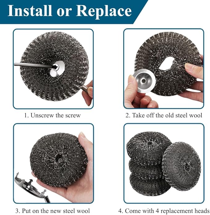6Pcs Steel Wool Scrubber with Long Handle - Stainless Steel Scrub Brush Set for Scouring Stubborn Messes from Cast Iron, Pots & Pans, BBQ Grill, Sink (1 Scrubber + 4 Pads + 1 Screwdriver)
