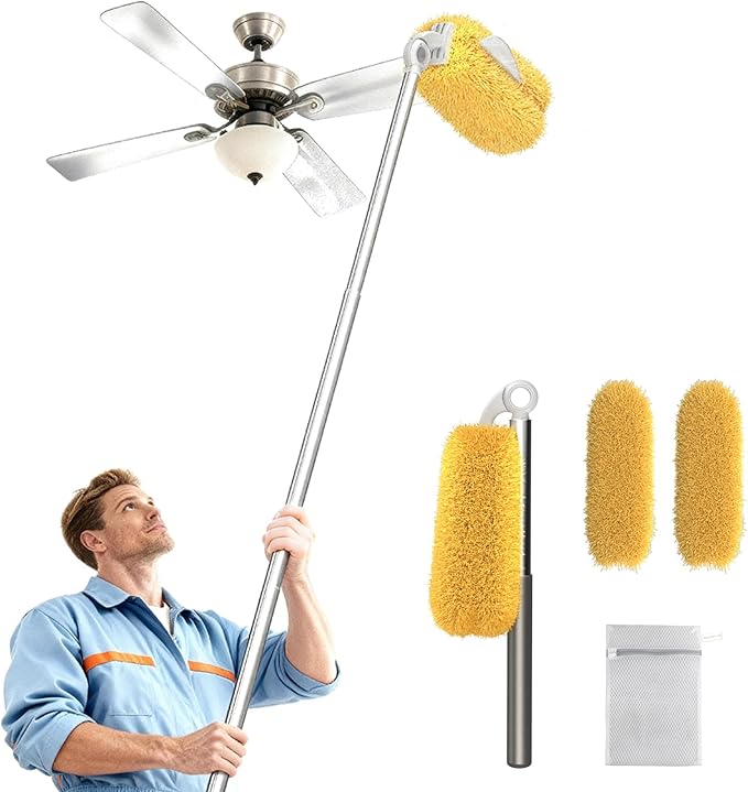 Long Handle Duster with 2 Replacement Heads, Washable Cleaning Duster Kit with Laundry Mesh Bag, Cobweb Duster, Extendable Dusting Tool for Home and Office