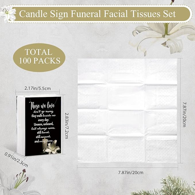 100 Packs Memorial Facial Tissues Those We Love Don't Go Away Inspirational Poem Pocket Tissues 3 Ply Napkins Packs Funerals Wedding Supplies for Family Relatives Guests, 700 Sheets(Black)