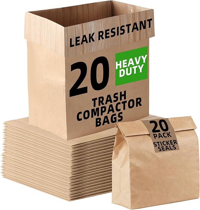 (20-Pack) Calvana Super Strong Compactor Bags, Heavy-Duty Kitchen Paper Trash Bags with Leak Proof Plastic Liner, Fits GE Model Compactors with Rectangular Containers, Includes 20 Sticker Seals