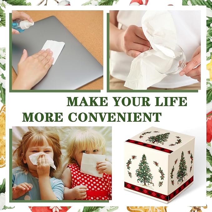 Yeaqee 6 Pack Christmas Facial Tissue Cube Box Square 480 Sheets Xmas Tree Christmas Paper Facial Tissues Cube Box for Winter Xmas Holiday Kitchen Office Home Car Decor