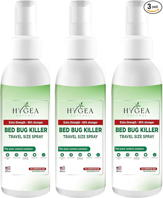 Hygea Natural Extra Strength Bed Bug & Mite Natural Travel Spray - TSA Approved 3 oz Size - Child & Pet Friendly - Stain & Odor Free - for Hotel, Suitcase, Backpack - 66% Stronger Formula (3 pack)