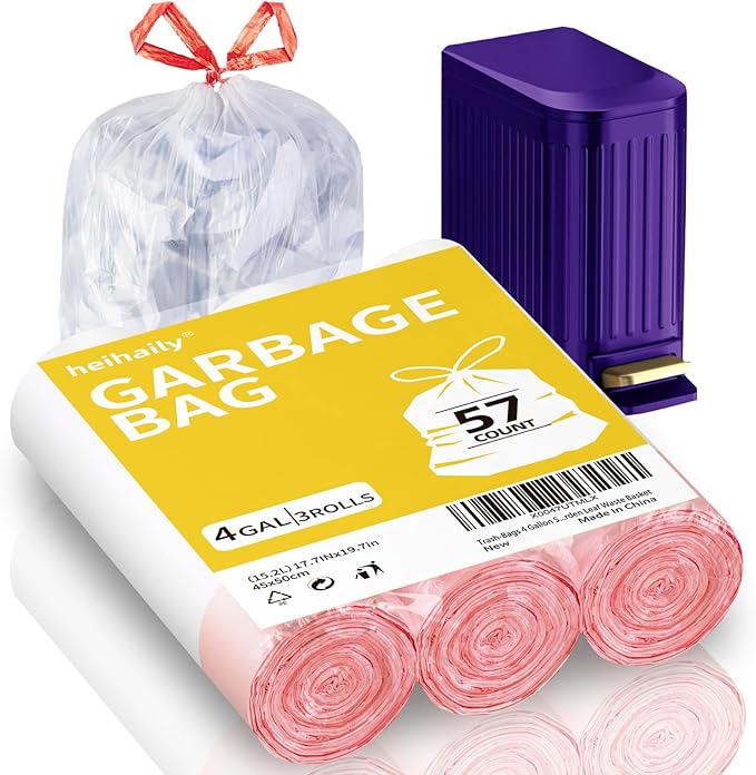 Trash-Bags 4 Gallon Small Drawstring-Garbage-Bag Kitchen - Clear White 57 Count Unscented Recycling Compactor Can Liners for Bathroom Bedroom Office Car Outdoor Garden Leaf Waste Basket