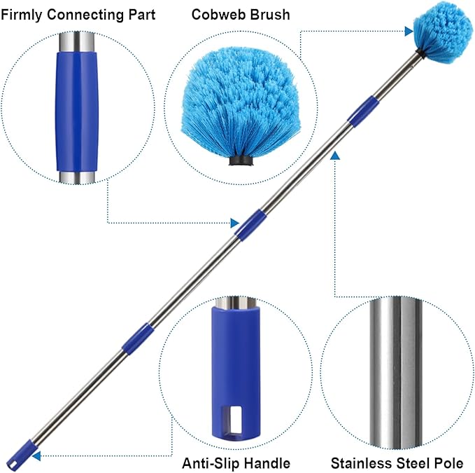 Cobweb Duster with Extension Pole, 8 FT Stainless Steel Pole with Spider Web Brush Head Ceiling Fan Duster for Outdoor Indoor Cleaning