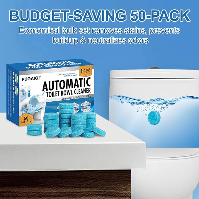 Toilet Bowl Cleaner Tablets Blue Toilet Tank Cleaners, Septic-Safe Hard Water Stain Remove, Odor Remover Bathroom& Effervescent Stain， Automatic Toilet Cleaning & Deodorizer，50 Count Automatic-GOOD