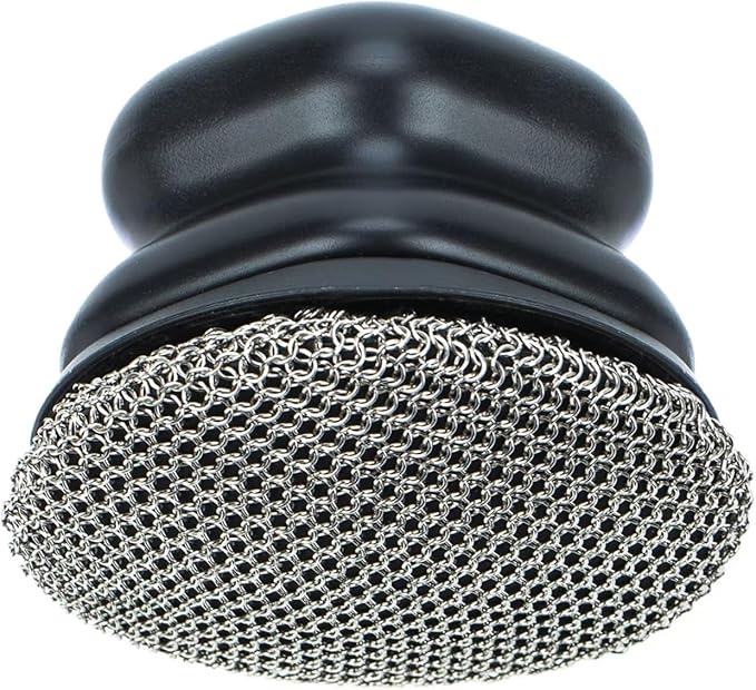 Cast Iron Scrubber,Ergonomic Grip Soldered 3mm Fine Chainmail Scrub Brush +2 Pan Grill Scrapers, Small Ring Chain Link Pan Pot Scrub Metal Brush to Clean Iron Skillet Steel Wool Scrubber