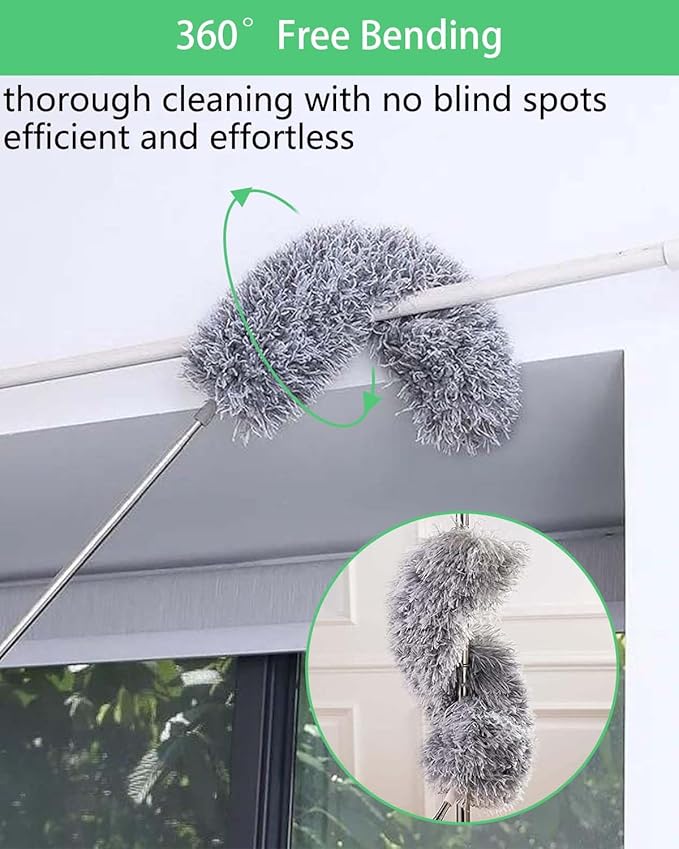 110" Extendable Feather Duster with Extension Pole, Ceiling Fan Cleaner Duster for High Ceiling, Bendable Microfiber Head, Long Handle Duster for Cleaning Fan, Furniture, and Cars (3 replaceable head)