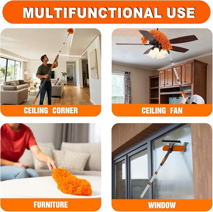 36FT Reach High Ceiling Duster Kit, Window Cleaning kit with 7-30FT Extension Pole, Fan Duster for Ceiling Fan Blades, Microfiber Feather Duster, Rotatable Window Squeegee and Cobweb Duster