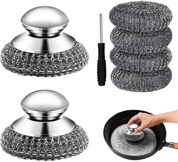 7Pcs Steel Wool Scrubber with Handle - Stainless Steel Scrub Brush Set for Scouring Stubborn Messes from Cast Iron, Pots, Pans, Grill, Stoves, Sink (2 Scrubber + 4 Pads + 1 Screwdriver)