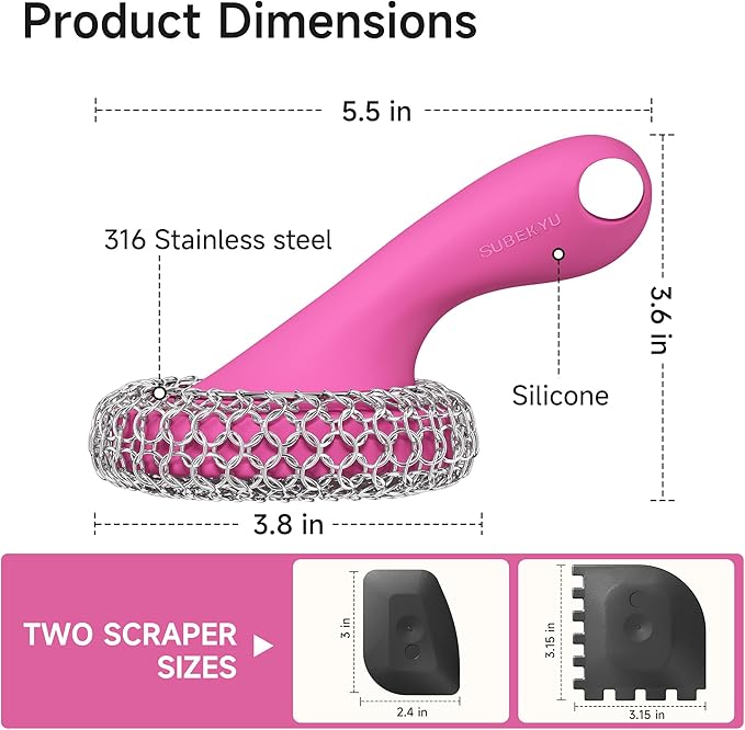 SUBEKYU Cast Iron Scrubber with Silicone Handle, Stainless Steel Skillet Cleaner for Cast Iron Pans (Pink Scrubber + Scraper)