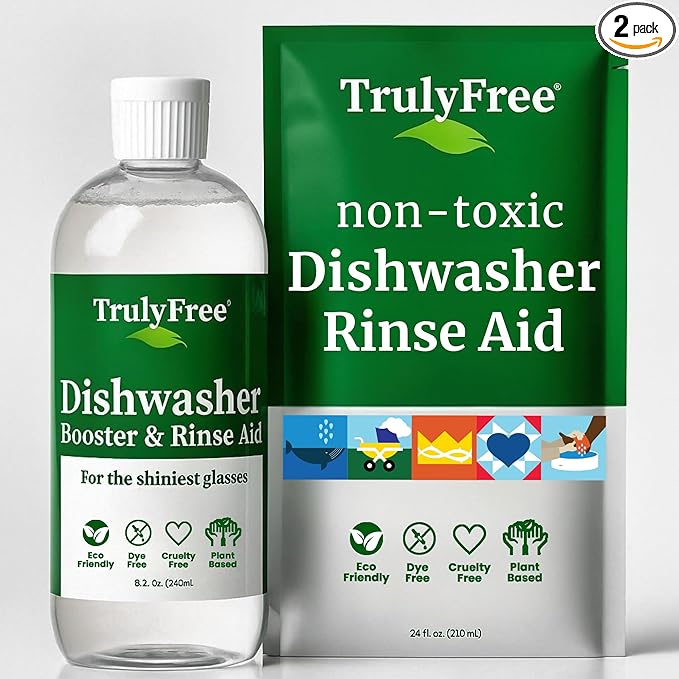 Truly Free Natural Dishwasher Booster & Rinse Aid - Non-Toxic Dishwashing Aid Formula, Removes Residue & Tough Dish Stains, Water Spot Remover - Includes: 1 Reusable Empty 12 oz Bottle & 1 Refill