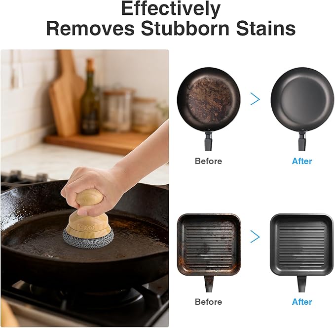 Cast Iron Scrubber and Scraper,Chain Mail Cleaner with Bamboo Handle & Draining Tray,316 Stainless Steel Brush for Cleaning Pots,Pans,Wok,Bakeware,Griddles, Grills(Small Chainmail,2pcs)