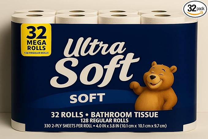 Ultra Soft Bath Tissue, 32 Mega Rolls, 128 Regular Rolls | 2-Ply Toilet Paper | 224 Sheets/Roll | Gentle, Strong & Septic-Safe