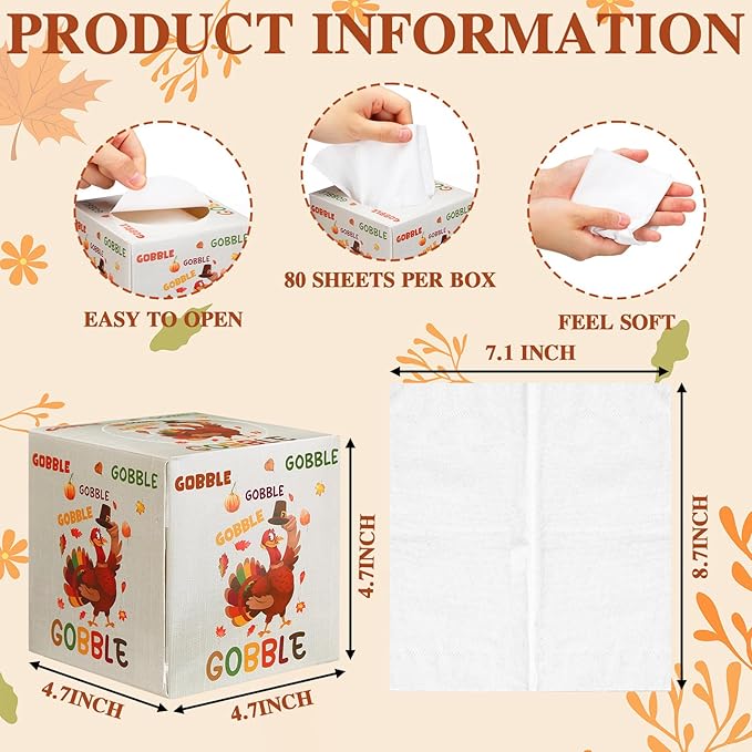 Yeaqee 6 Pack Thanksgiving Turkey Facial Tissue Cube Boxes 480 Sheets Fall Gobble Turkey Paper Facial Tissues Cube Box for Thanksgiving Fall Autumn Harvest Home Bathroom Kitchen Car Office