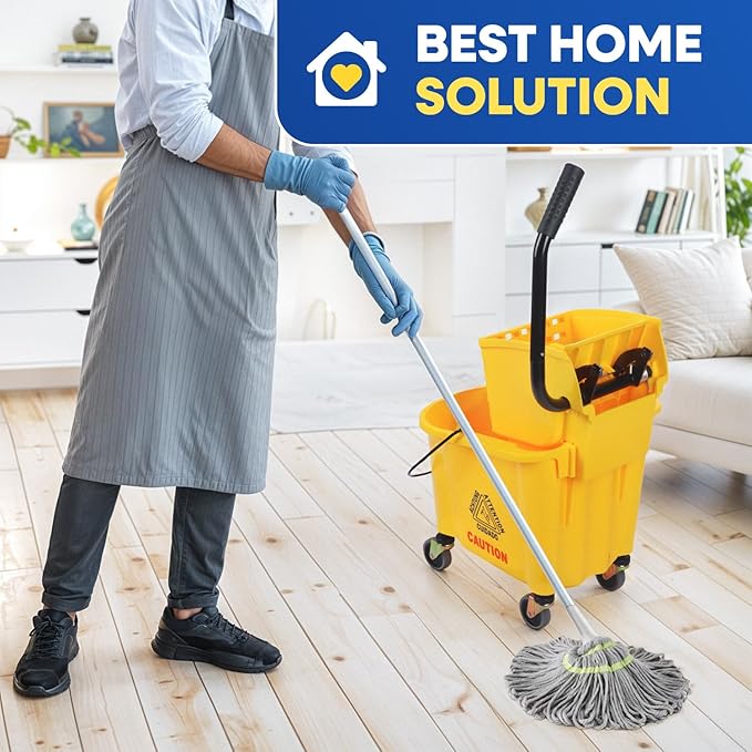 Commercial Mop Bucket with Wringer on Wheels, Heavy Duty Industrial Mop Bucket and Wringer, Side-Press Bucket with Wringer Set for Home Office Restaurant Business, 35-Quart - Yellow
