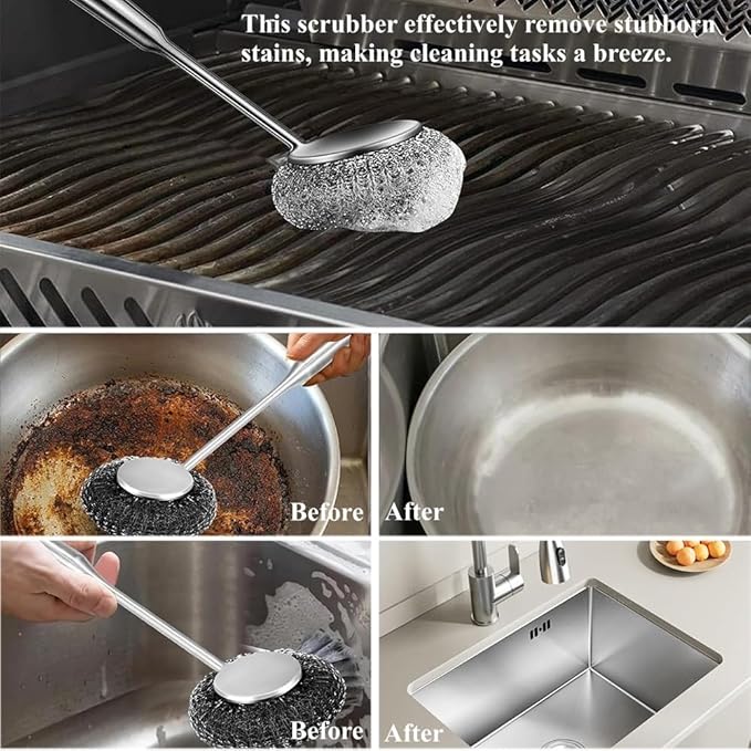 6Pcs Steel Wool Scrubber with Long Handle - Stainless Steel Scrub Brush Set for Scouring Stubborn Messes from Cast Iron, Pots & Pans, BBQ Grill, Sink (1 Scrubber + 4 Pads + 1 Screwdriver)