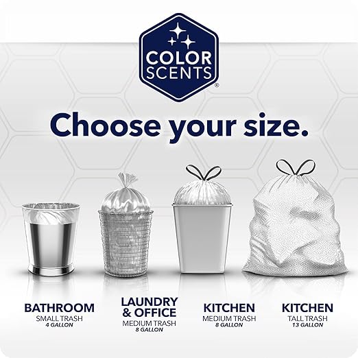 Color Scents Medium Trash Bags - 8 Gallon, 200 Total Bags (8 Packs of 25 Count), Drawstring - Silver Bag in Simply Clean Scent with Microban