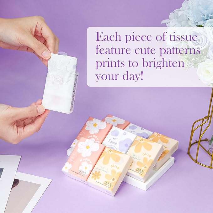 27 Packs Pocket Tissues, Small Travel Size Bulk Facial Paper Towel, Travel Essential, Purse Tissue, Individual Packet, Soft 3 Ply Portable Napkins with Cute Prints for Wedding Party (Daisy)