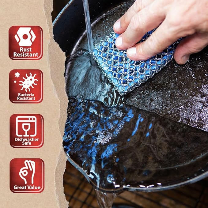 Knapp Made Combo Chainmail Cast Iron Scrubber with Silicone Core - Heavy Duty Rings and Fine Chainmail Rings -Premium Cleaner -Perfect for Cast Iron Cookware,Skillet,Woks