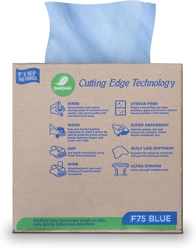 Fresh Towel Pop Up Box of Medium Duty Cleaning Cloths - Disposable Blue Shop Towels, (1 Pop Up Box of 160 Sheets) - 9 x 16.5 inches Cloth Size