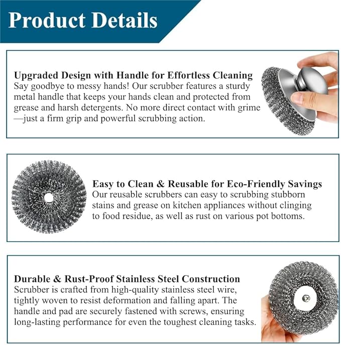 7Pcs Steel Wool Scrubber with Handle - Stainless Steel Scrub Brush Set for Scouring Stubborn Messes from Cast Iron, Pots, Pans, Grill, Stoves, Sink (2 Scrubber + 4 Pads + 1 Screwdriver)
