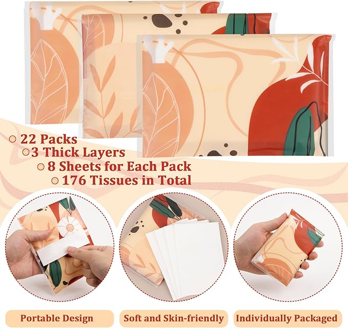 22 Packs Travel Tissue Packs - Pocket Tissues Travel Size 8 Count 3-ply Paper Pocket for Travelling, Wedding, Party Favors,Car, Handbags, Pockets
