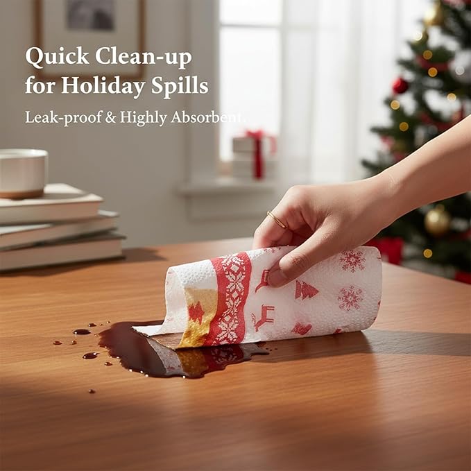 Christmas Kitchen Paper Towels:Disposable Cleaning Towels Xmas Kitchen Tissue Highly Absorbent Hand Towels for Holiday Kitchen Business Resturant (2 rolls)